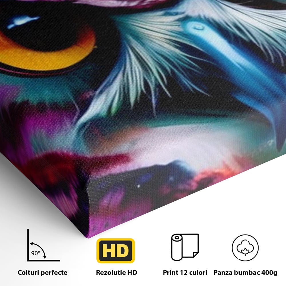 Tablou Canvas Premium, LuxCanva® M1019, Bufnita Tribala, Bufnita, Pasare, Simbol, Noapte, Tribal, Portret, Abstract, Culoare, Penaj, Birou, Living, Camera Copii