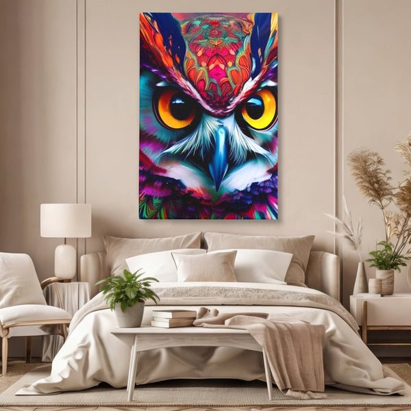 Tablou Canvas Premium, LuxCanva® M1019, Bufnita Tribala, Bufnita, Pasare, Simbol, Noapte, Tribal, Portret, Abstract, Culoare, Penaj, Birou, Living, Camera Copii