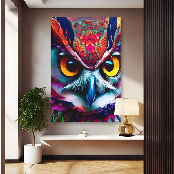 Tablou Canvas Premium, LuxCanva® M1019, Bufnita Tribala, Bufnita, Pasare, Simbol, Noapte, Tribal, Portret, Abstract, Culoare, Penaj, Birou, Living, Camera Copii
