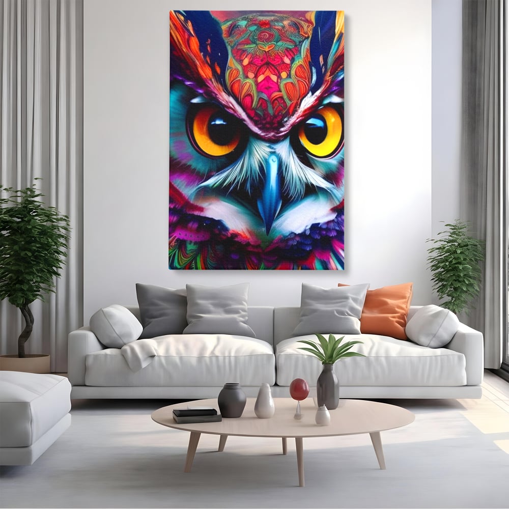Tablou Canvas Premium, LuxCanva® M1019, Bufnita Tribala, Bufnita, Pasare, Simbol, Noapte, Tribal, Portret, Abstract, Culoare, Penaj, Birou, Living, Camera Copii