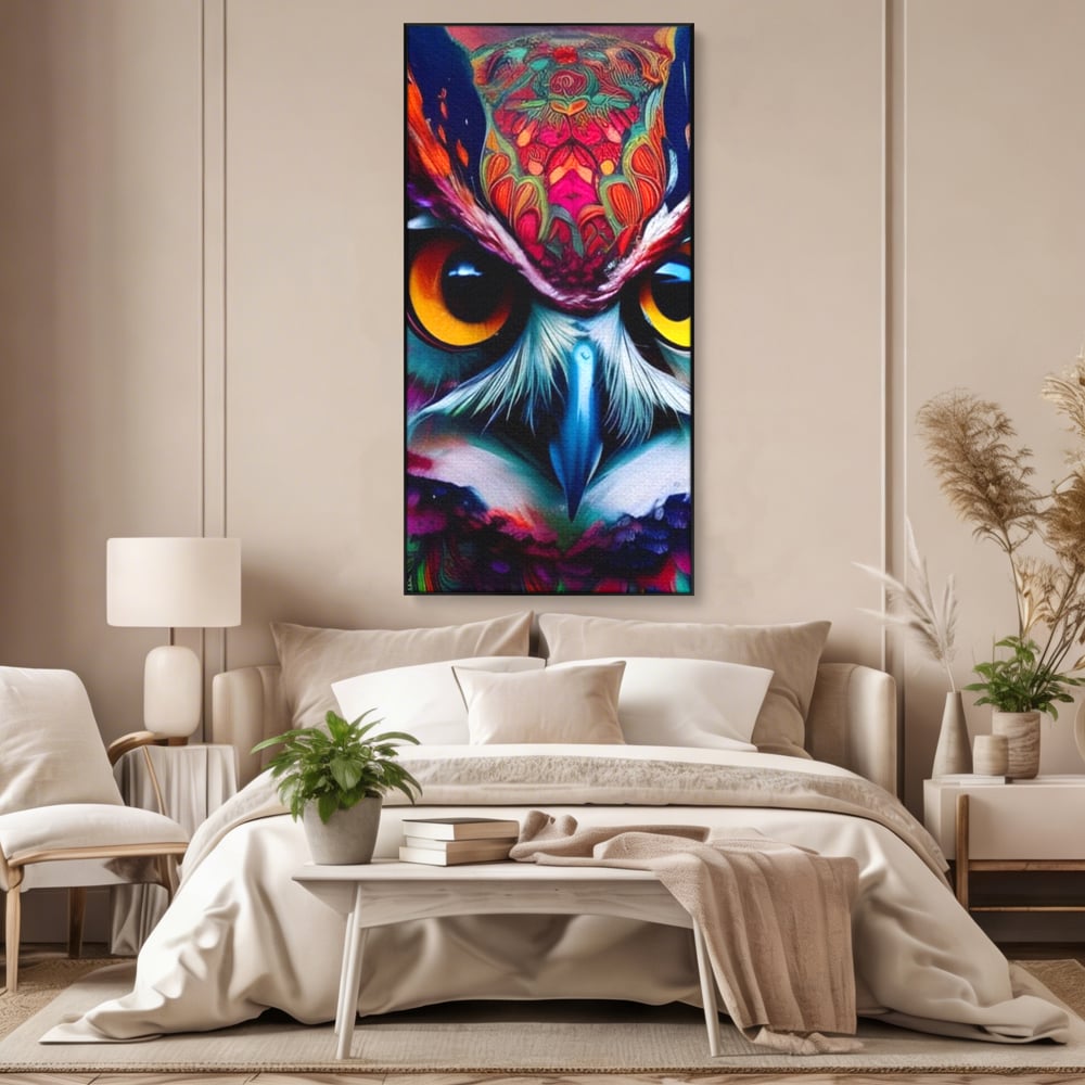 Tablou Canvas Premium, LuxCanva® M1019, Bufnita Tribala, Bufnita, Pasare, Simbol, Noapte, Tribal, Portret, Abstract, Culoare, Penaj, Birou, Living, Camera Copii