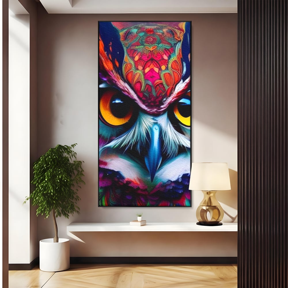 Tablou Canvas Premium, LuxCanva® M1019, Bufnita Tribala, Bufnita, Pasare, Simbol, Noapte, Tribal, Portret, Abstract, Culoare, Penaj, Birou, Living, Camera Copii