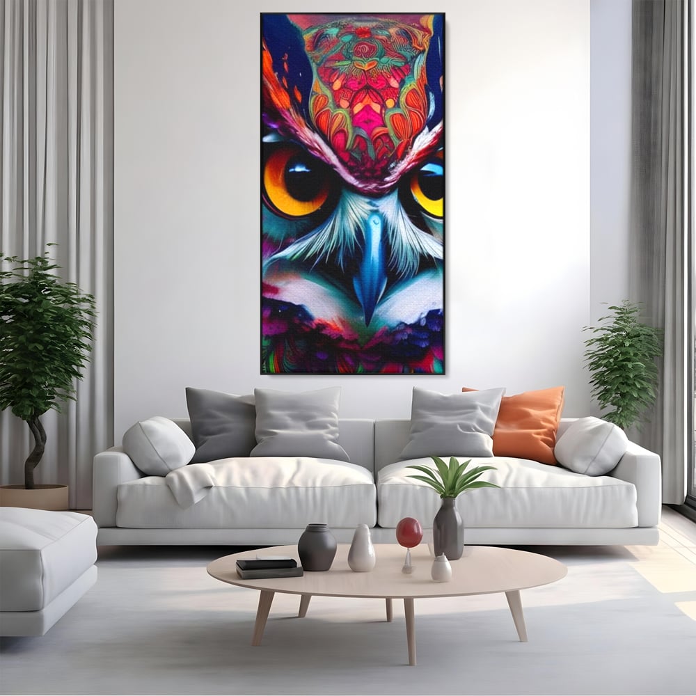 Tablou Canvas Premium, LuxCanva® M1019, Bufnita Tribala, Bufnita, Pasare, Simbol, Noapte, Tribal, Portret, Abstract, Culoare, Penaj, Birou, Living, Camera Copii