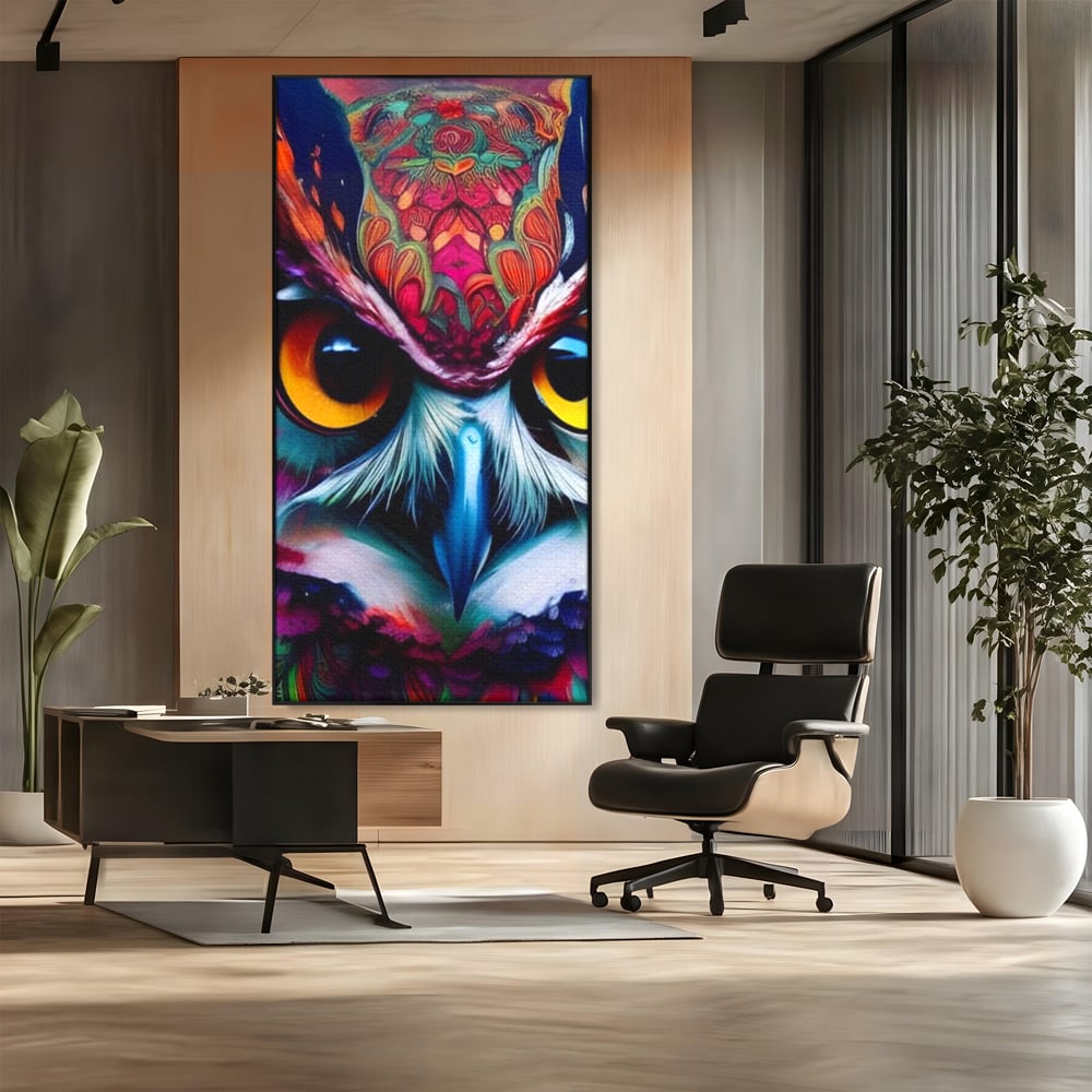 Tablou Canvas Premium, LuxCanva® M1019, Bufnita Tribala, Bufnita, Pasare, Simbol, Noapte, Tribal, Portret, Abstract, Culoare, Penaj, Birou, Living, Camera Copii