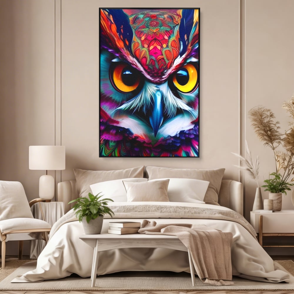 Tablou Canvas Premium, LuxCanva® M1019, Bufnita Tribala, Bufnita, Pasare, Simbol, Noapte, Tribal, Portret, Abstract, Culoare, Penaj, Birou, Living, Camera Copii