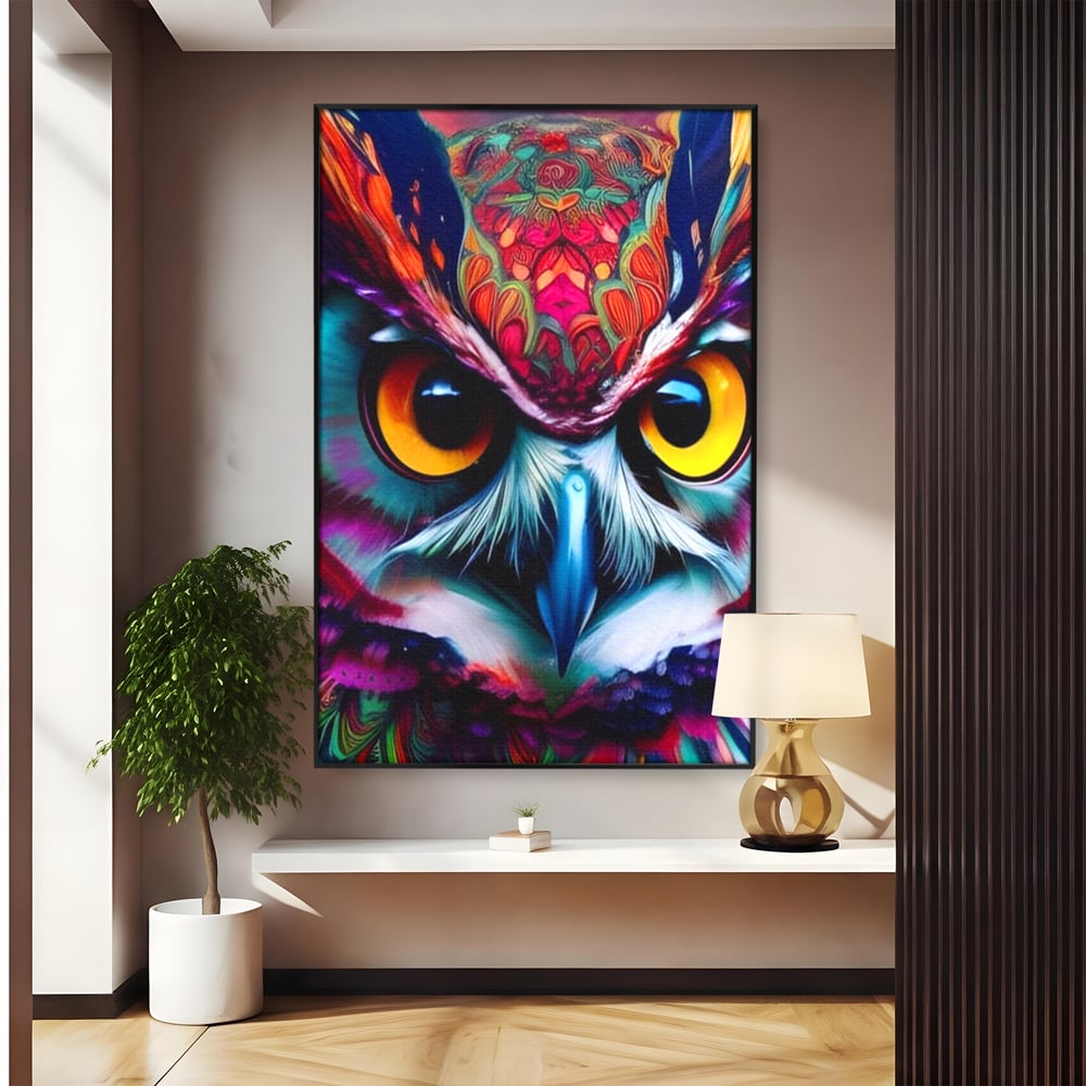 Tablou Canvas Premium, LuxCanva® M1019, Bufnita Tribala, Bufnita, Pasare, Simbol, Noapte, Tribal, Portret, Abstract, Culoare, Penaj, Birou, Living, Camera Copii