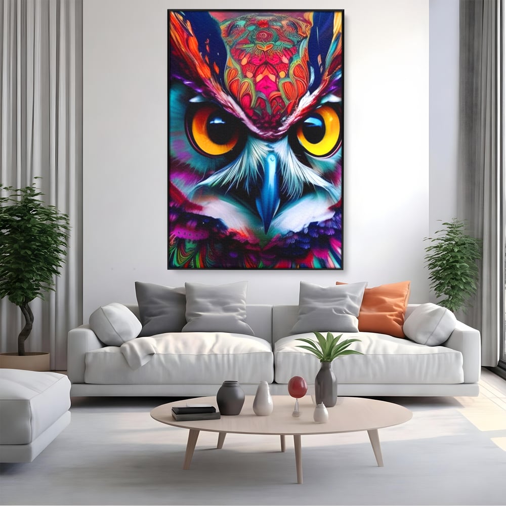 Tablou Canvas Premium, LuxCanva® M1019, Bufnita Tribala, Bufnita, Pasare, Simbol, Noapte, Tribal, Portret, Abstract, Culoare, Penaj, Birou, Living, Camera Copii