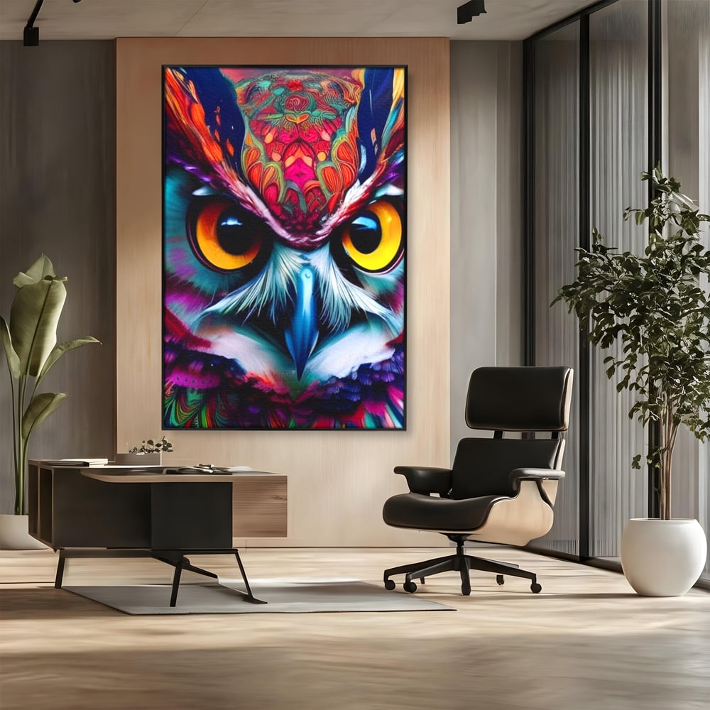 Tablou Canvas Premium, LuxCanva® M1019, Bufnita Tribala, Bufnita, Pasare, Simbol, Noapte, Tribal, Portret, Abstract, Culoare, Penaj, Birou, Living, Camera Copii