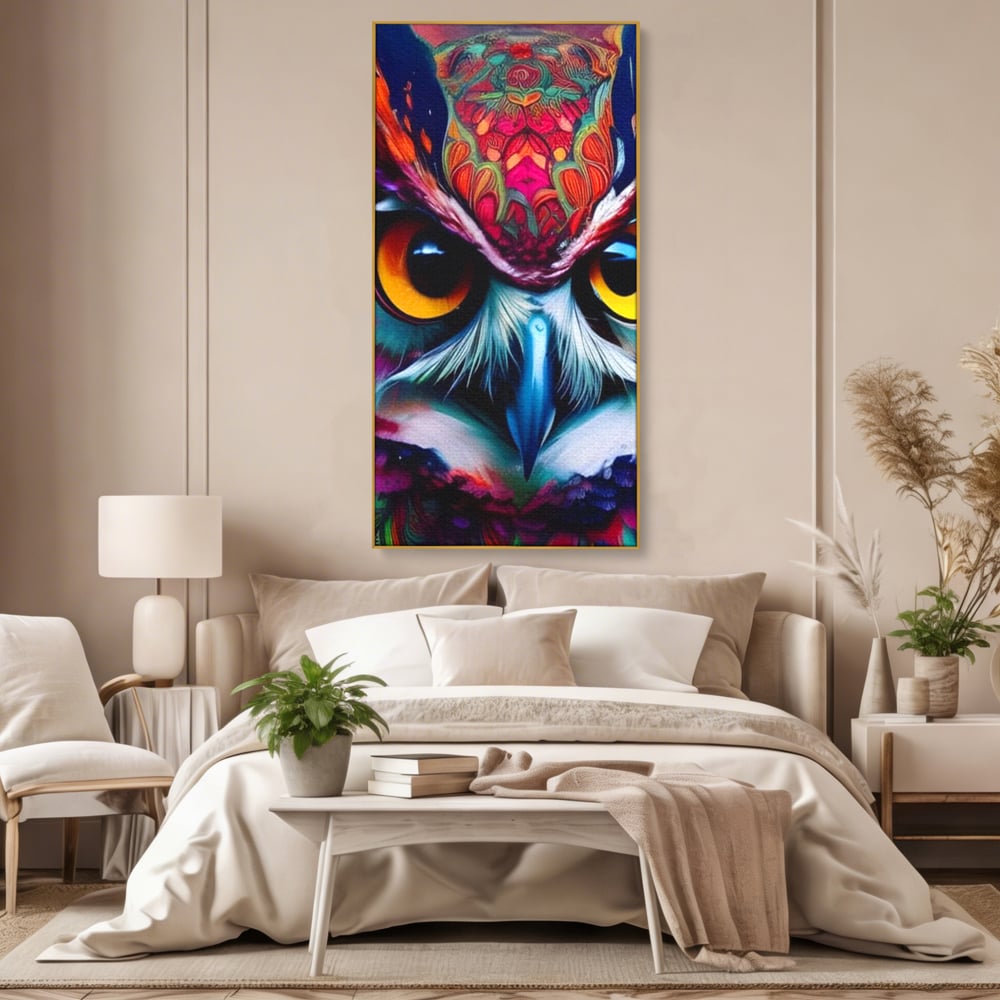 Tablou Canvas Premium, LuxCanva® M1019, Bufnita Tribala, Bufnita, Pasare, Simbol, Noapte, Tribal, Portret, Abstract, Culoare, Penaj, Birou, Living, Camera Copii