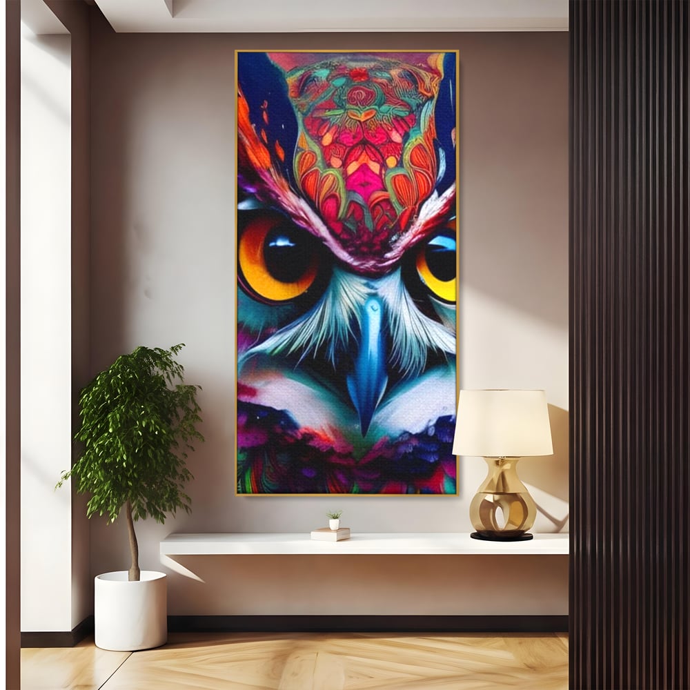 Tablou Canvas Premium, LuxCanva® M1019, Bufnita Tribala, Bufnita, Pasare, Simbol, Noapte, Tribal, Portret, Abstract, Culoare, Penaj, Birou, Living, Camera Copii