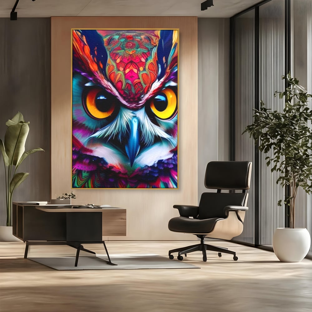 Tablou Canvas Premium, LuxCanva® M1019, Bufnita Tribala, Bufnita, Pasare, Simbol, Noapte, Tribal, Portret, Abstract, Culoare, Penaj, Birou, Living, Camera Copii