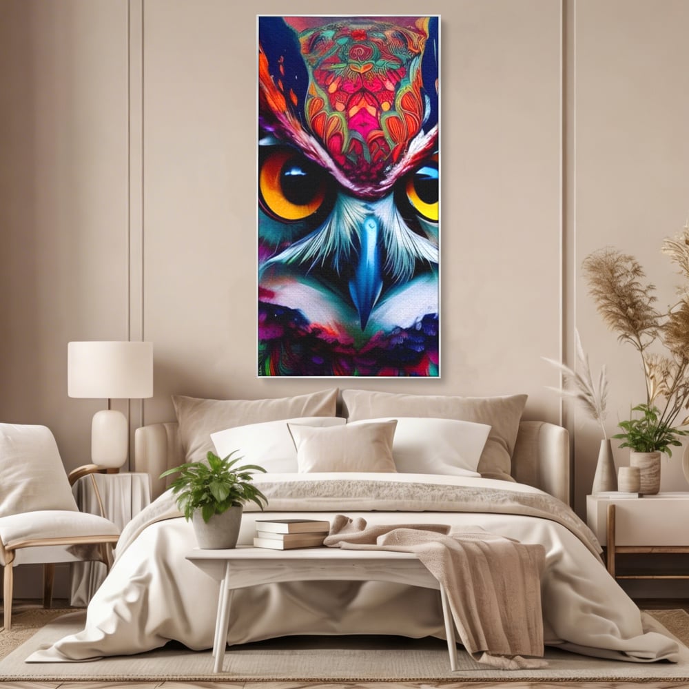Tablou Canvas Premium, LuxCanva® M1019, Bufnita Tribala, Bufnita, Pasare, Simbol, Noapte, Tribal, Portret, Abstract, Culoare, Penaj, Birou, Living, Camera Copii
