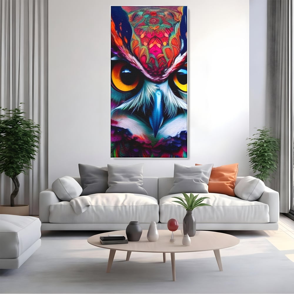 Tablou Canvas Premium, LuxCanva® M1019, Bufnita Tribala, Bufnita, Pasare, Simbol, Noapte, Tribal, Portret, Abstract, Culoare, Penaj, Birou, Living, Camera Copii