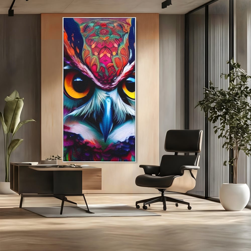 Tablou Canvas Premium, LuxCanva® M1019, Bufnita Tribala, Bufnita, Pasare, Simbol, Noapte, Tribal, Portret, Abstract, Culoare, Penaj, Birou, Living, Camera Copii