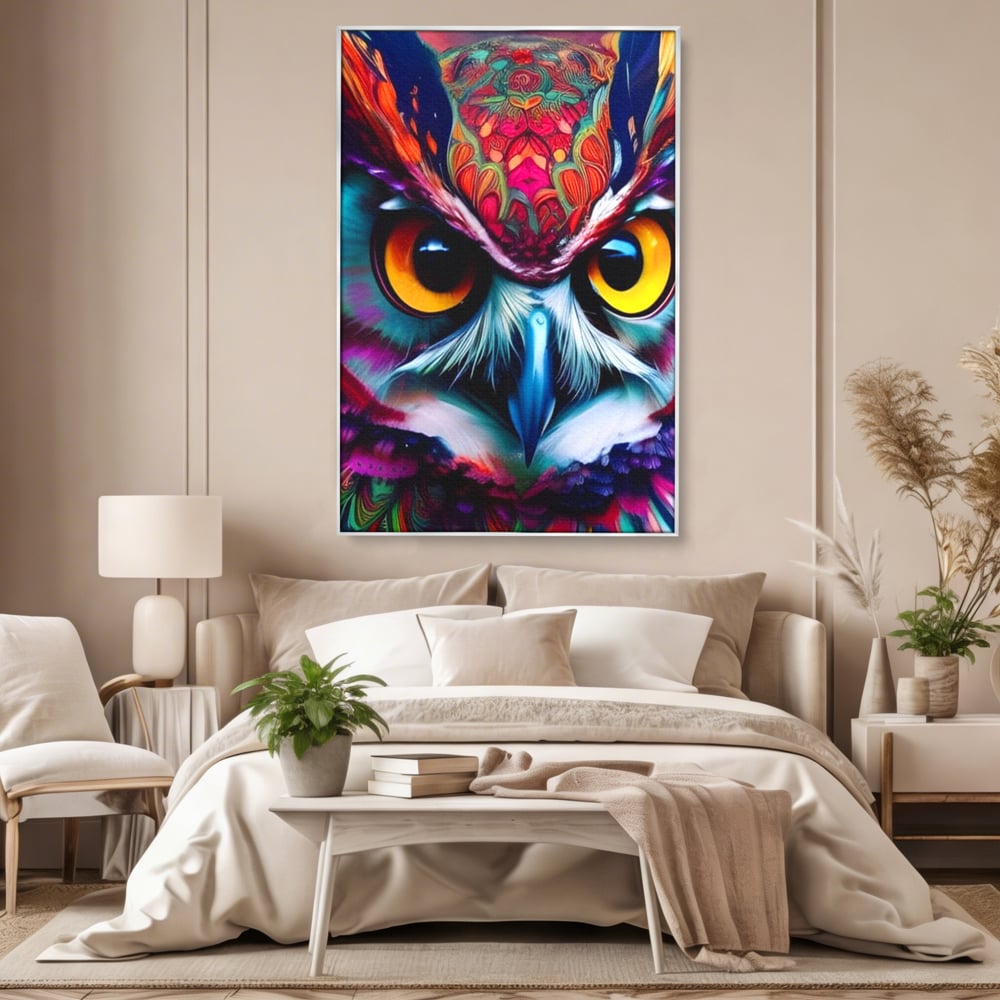 Tablou Canvas Premium, LuxCanva® M1019, Bufnita Tribala, Bufnita, Pasare, Simbol, Noapte, Tribal, Portret, Abstract, Culoare, Penaj, Birou, Living, Camera Copii