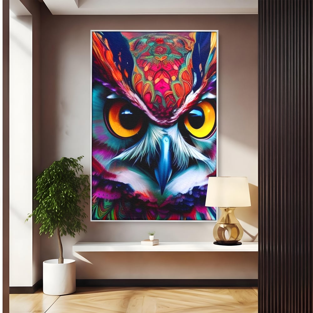 Tablou Canvas Premium, LuxCanva® M1019, Bufnita Tribala, Bufnita, Pasare, Simbol, Noapte, Tribal, Portret, Abstract, Culoare, Penaj, Birou, Living, Camera Copii