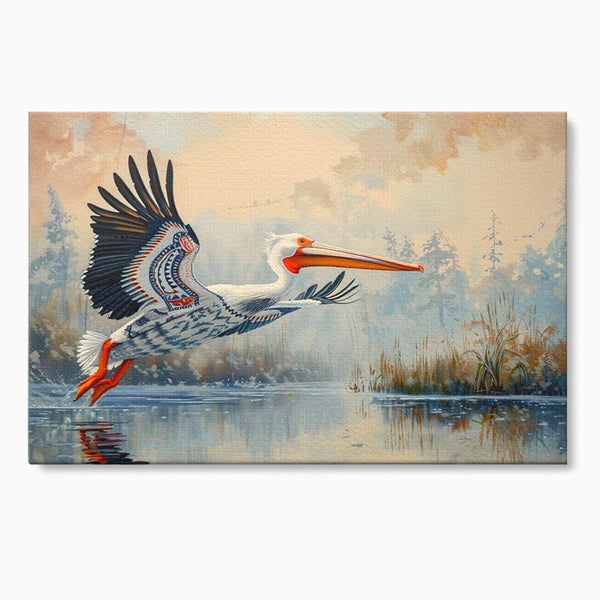 Tablou Canvas Premium, LuxCanva® M1020, Aripi Pierdute in Ceata, Pelican, Natura, Apa, Mlastina, Ceata, Aripi, Penaj, Pasare, Tribal, Birou, Living, Camera Copii