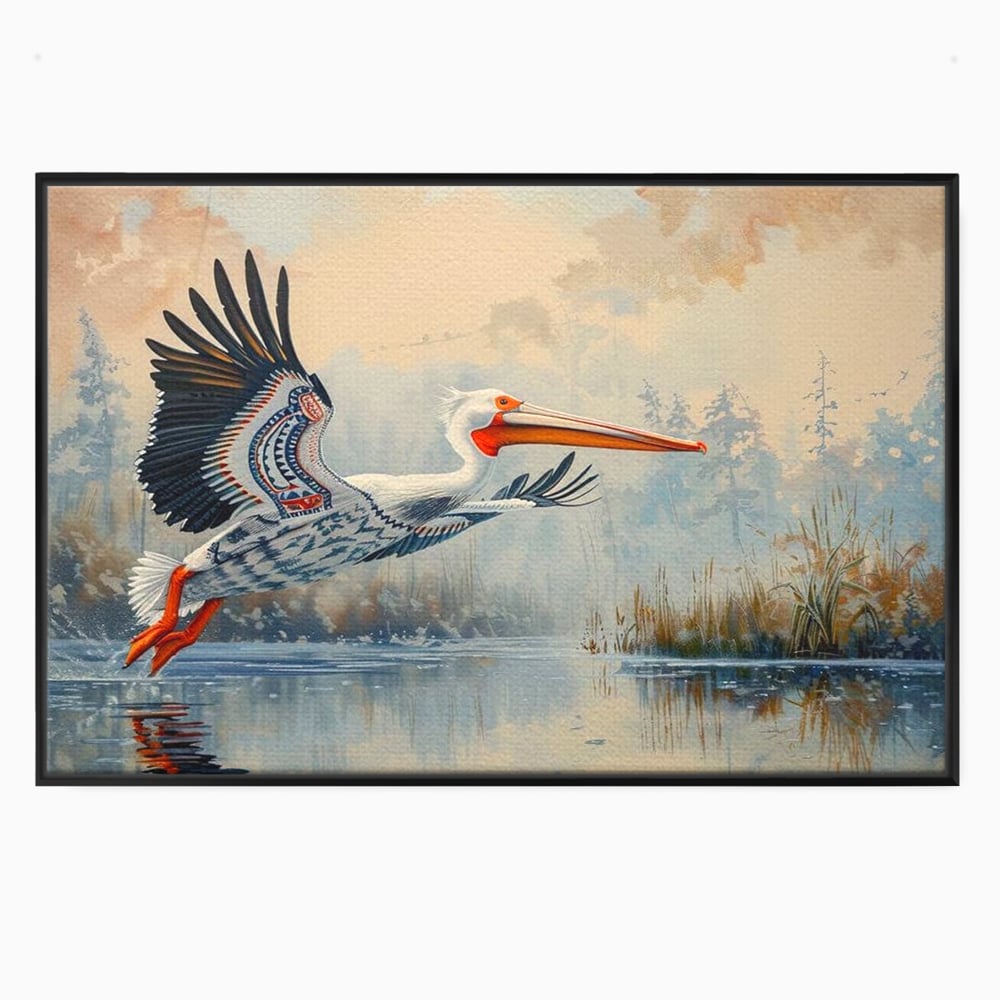 Tablou Canvas Premium, LuxCanva® M1020, Aripi Pierdute in Ceata, Pelican, Natura, Apa, Mlastina, Ceata, Aripi, Penaj, Pasare, Tribal, Birou, Living, Camera Copii