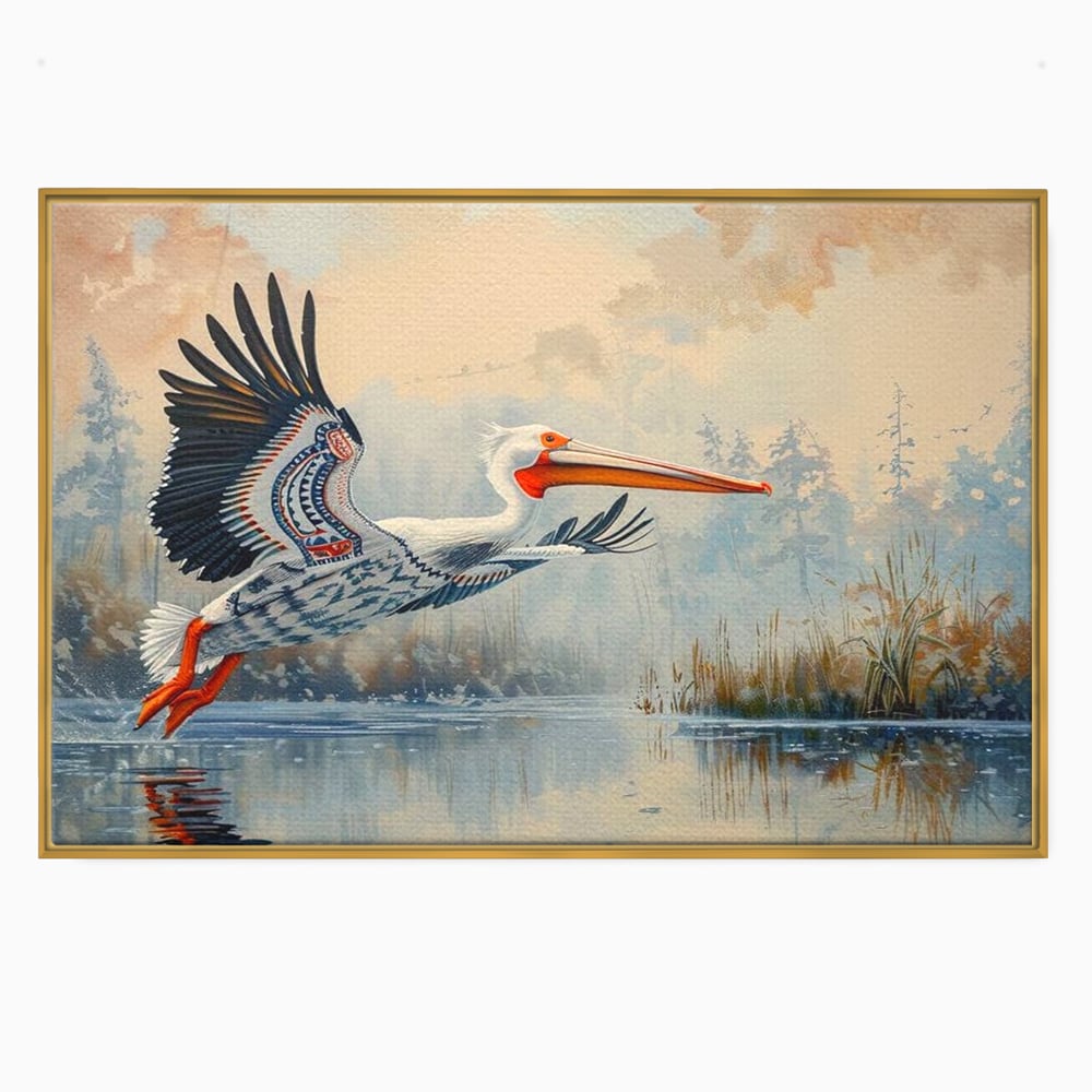 Tablou Canvas Premium, LuxCanva® M1020, Aripi Pierdute in Ceata, Pelican, Natura, Apa, Mlastina, Ceata, Aripi, Penaj, Pasare, Tribal, Birou, Living, Camera Copii