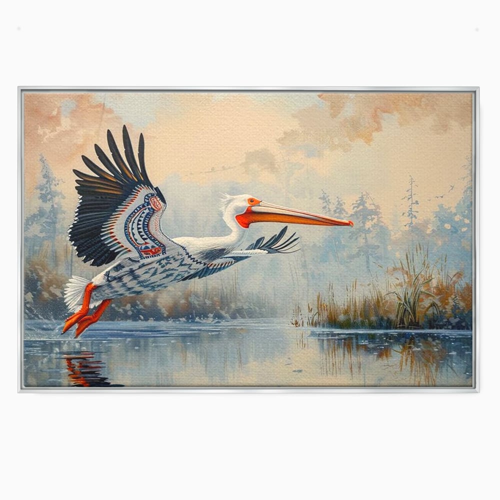 Tablou Canvas Premium, LuxCanva® M1020, Aripi Pierdute in Ceata, Pelican, Natura, Apa, Mlastina, Ceata, Aripi, Penaj, Pasare, Tribal, Birou, Living, Camera Copii