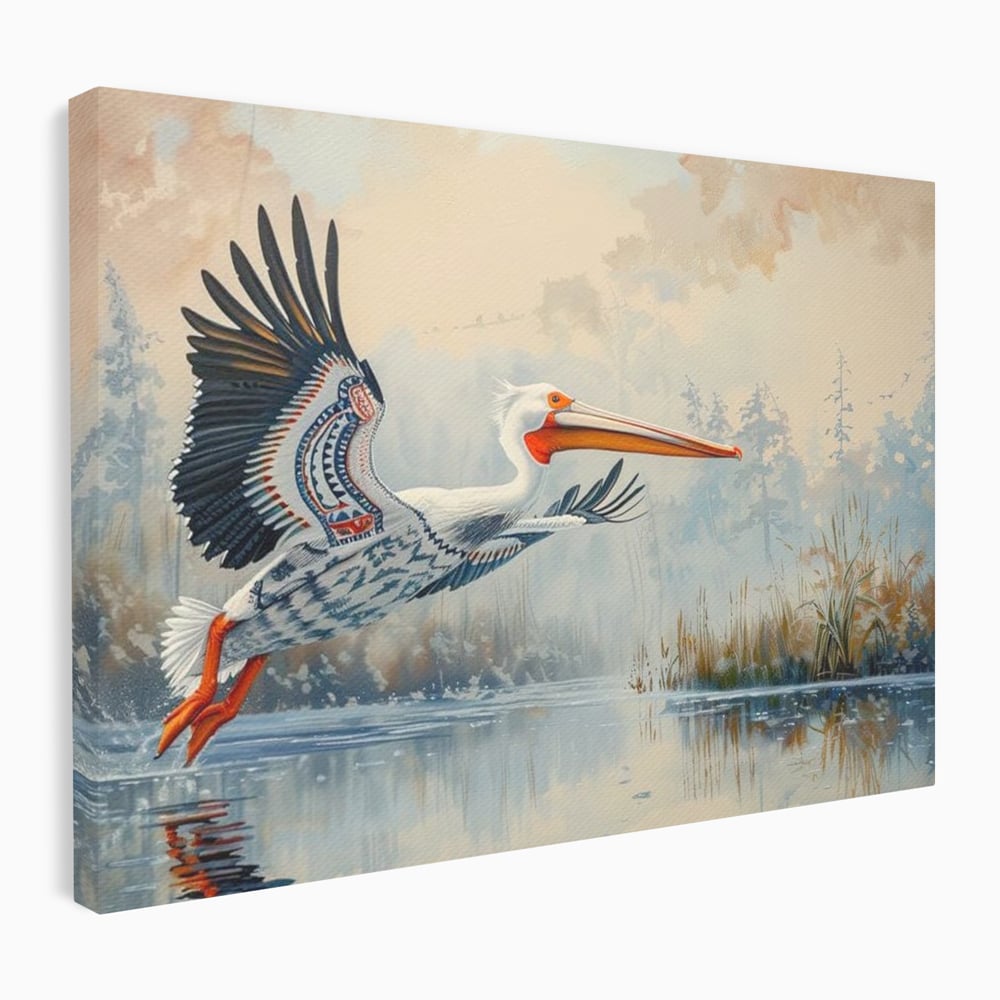 Tablou Canvas Premium, LuxCanva® M1020, Aripi Pierdute in Ceata, Pelican, Natura, Apa, Mlastina, Ceata, Aripi, Penaj, Pasare, Tribal, Birou, Living, Camera Copii