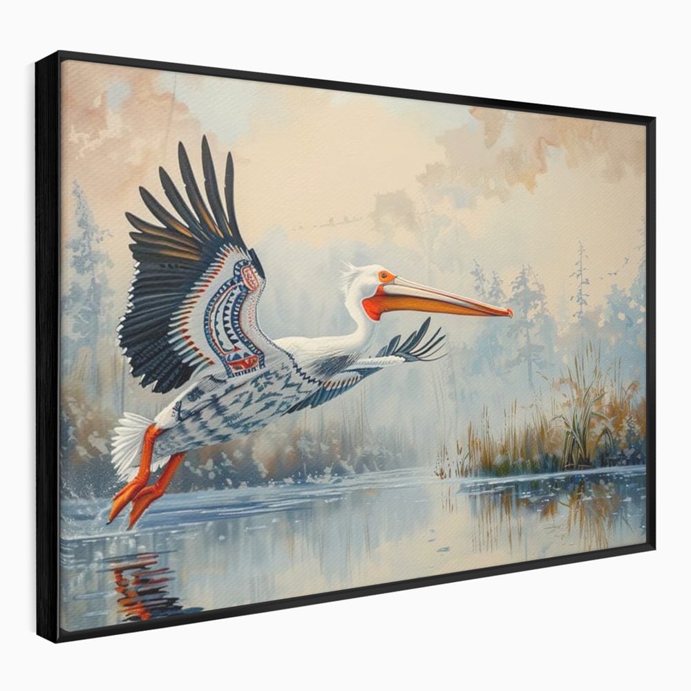 Tablou Canvas Premium, LuxCanva® M1020, Aripi Pierdute in Ceata, Pelican, Natura, Apa, Mlastina, Ceata, Aripi, Penaj, Pasare, Tribal, Birou, Living, Camera Copii