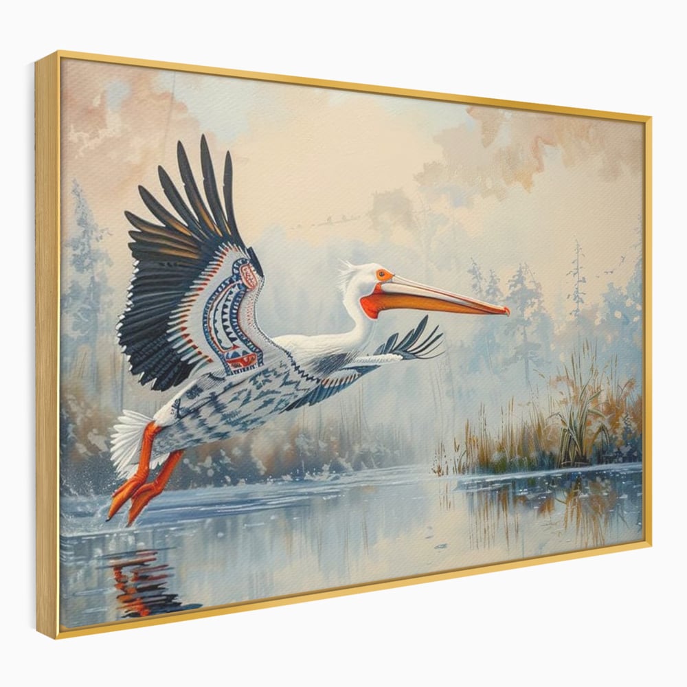 Tablou Canvas Premium, LuxCanva® M1020, Aripi Pierdute in Ceata, Pelican, Natura, Apa, Mlastina, Ceata, Aripi, Penaj, Pasare, Tribal, Birou, Living, Camera Copii