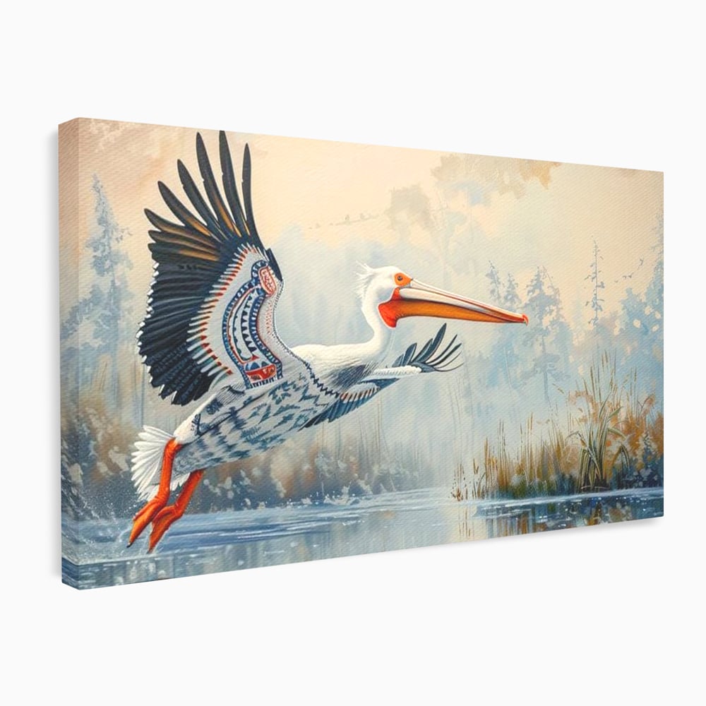 Tablou Canvas Premium, LuxCanva® M1020, Aripi Pierdute in Ceata, Pelican, Natura, Apa, Mlastina, Ceata, Aripi, Penaj, Pasare, Tribal, Birou, Living, Camera Copii
