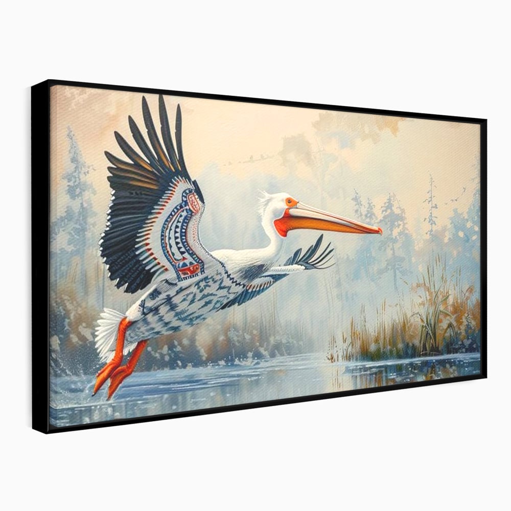 Tablou Canvas Premium, LuxCanva® M1020, Aripi Pierdute in Ceata, Pelican, Natura, Apa, Mlastina, Ceata, Aripi, Penaj, Pasare, Tribal, Birou, Living, Camera Copii