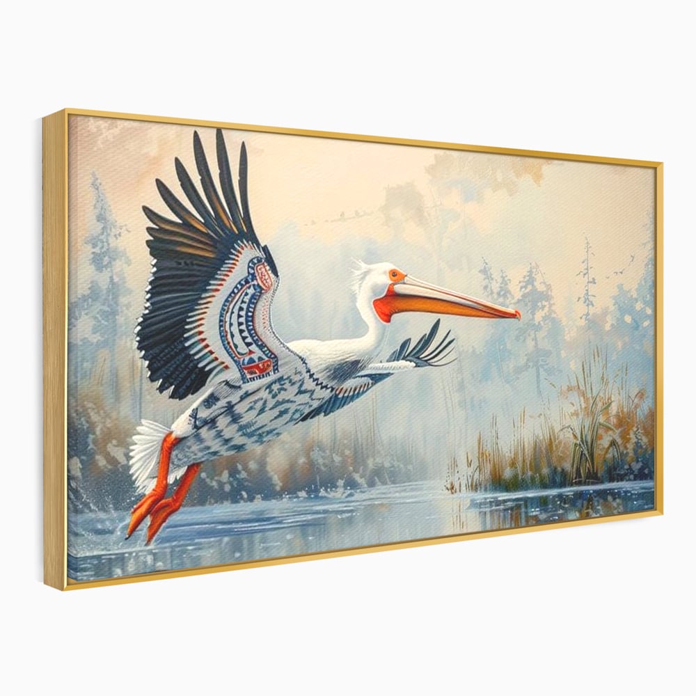 Tablou Canvas Premium, LuxCanva® M1020, Aripi Pierdute in Ceata, Pelican, Natura, Apa, Mlastina, Ceata, Aripi, Penaj, Pasare, Tribal, Birou, Living, Camera Copii