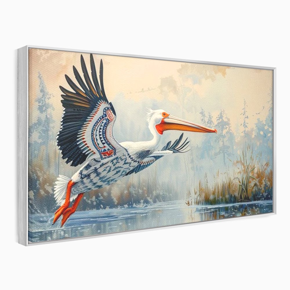 Tablou Canvas Premium, LuxCanva® M1020, Aripi Pierdute in Ceata, Pelican, Natura, Apa, Mlastina, Ceata, Aripi, Penaj, Pasare, Tribal, Birou, Living, Camera Copii