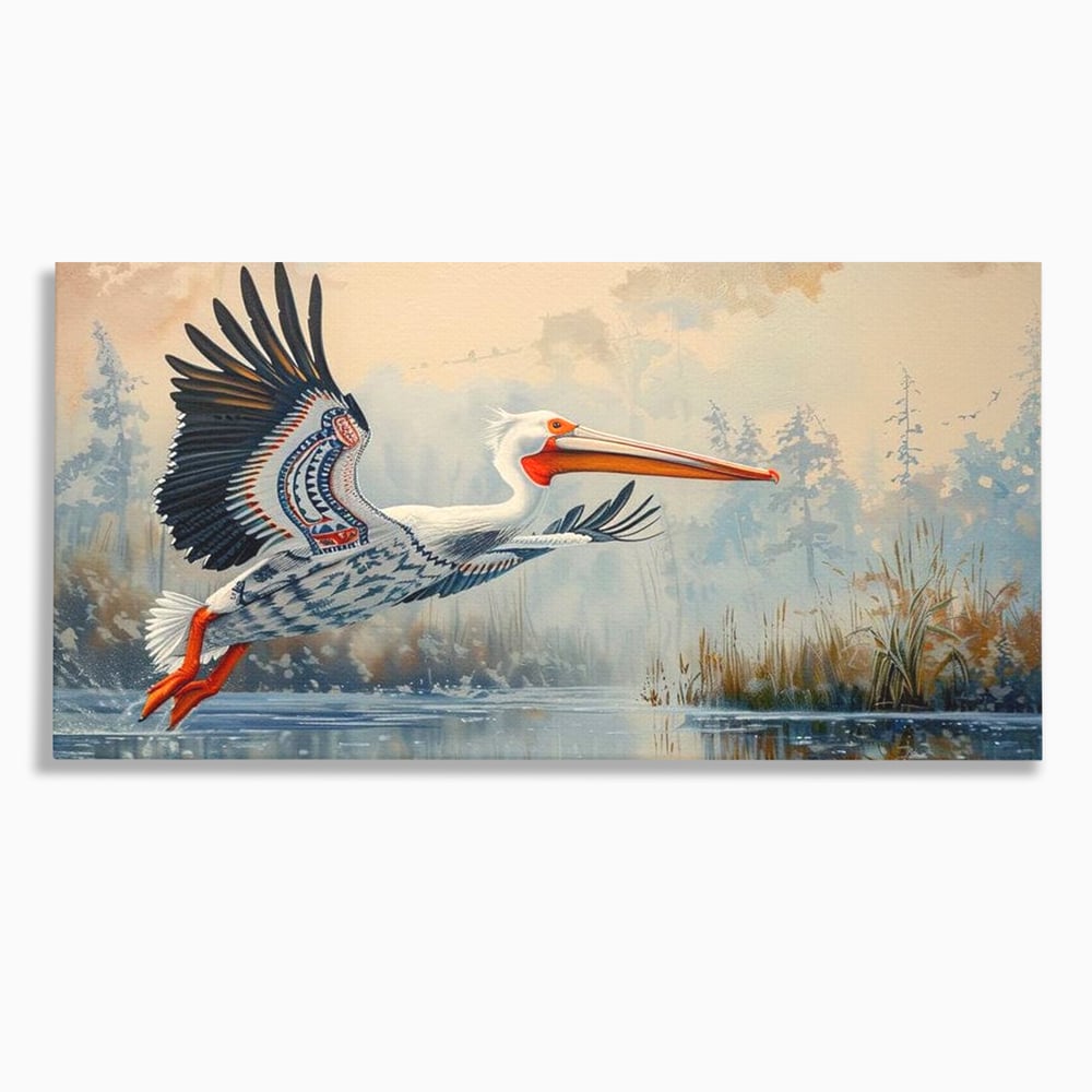 Tablou Canvas Premium, LuxCanva® M1020, Aripi Pierdute in Ceata, Pelican, Natura, Apa, Mlastina, Ceata, Aripi, Penaj, Pasare, Tribal, Birou, Living, Camera Copii
