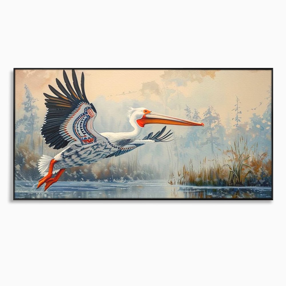 Tablou Canvas Premium, LuxCanva® M1020, Aripi Pierdute in Ceata, Pelican, Natura, Apa, Mlastina, Ceata, Aripi, Penaj, Pasare, Tribal, Birou, Living, Camera Copii