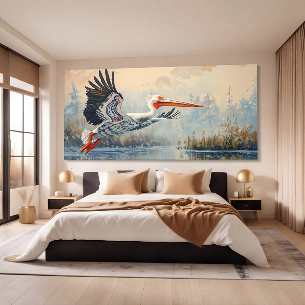 Tablou Canvas Premium, LuxCanva® M1020, Aripi Pierdute in Ceata, Pelican, Natura, Apa, Mlastina, Ceata, Aripi, Penaj, Pasare, Tribal, Birou, Living, Camera Copii