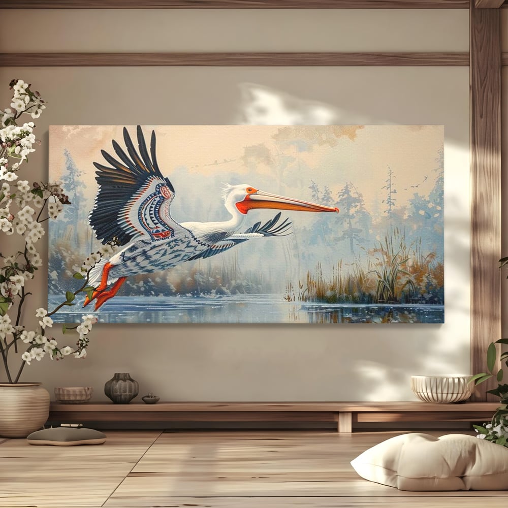 Tablou Canvas Premium, LuxCanva® M1020, Aripi Pierdute in Ceata, Pelican, Natura, Apa, Mlastina, Ceata, Aripi, Penaj, Pasare, Tribal, Birou, Living, Camera Copii