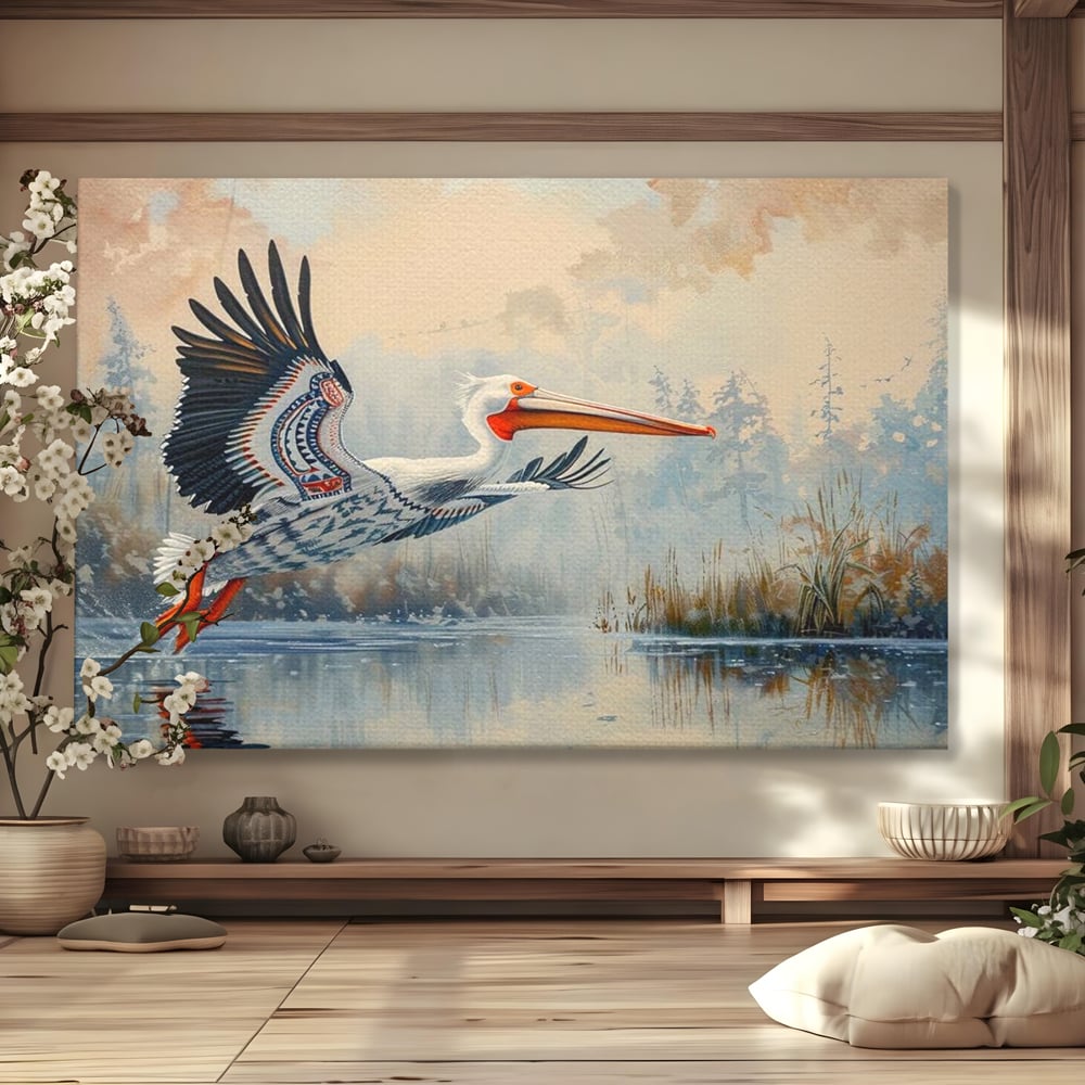 Tablou Canvas Premium, LuxCanva® M1020, Aripi Pierdute in Ceata, Pelican, Natura, Apa, Mlastina, Ceata, Aripi, Penaj, Pasare, Tribal, Birou, Living, Camera Copii
