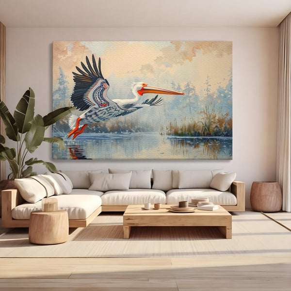 Tablou Canvas Premium, LuxCanva® M1020, Aripi Pierdute in Ceata, Pelican, Natura, Apa, Mlastina, Ceata, Aripi, Penaj, Pasare, Tribal, Birou, Living, Camera Copii