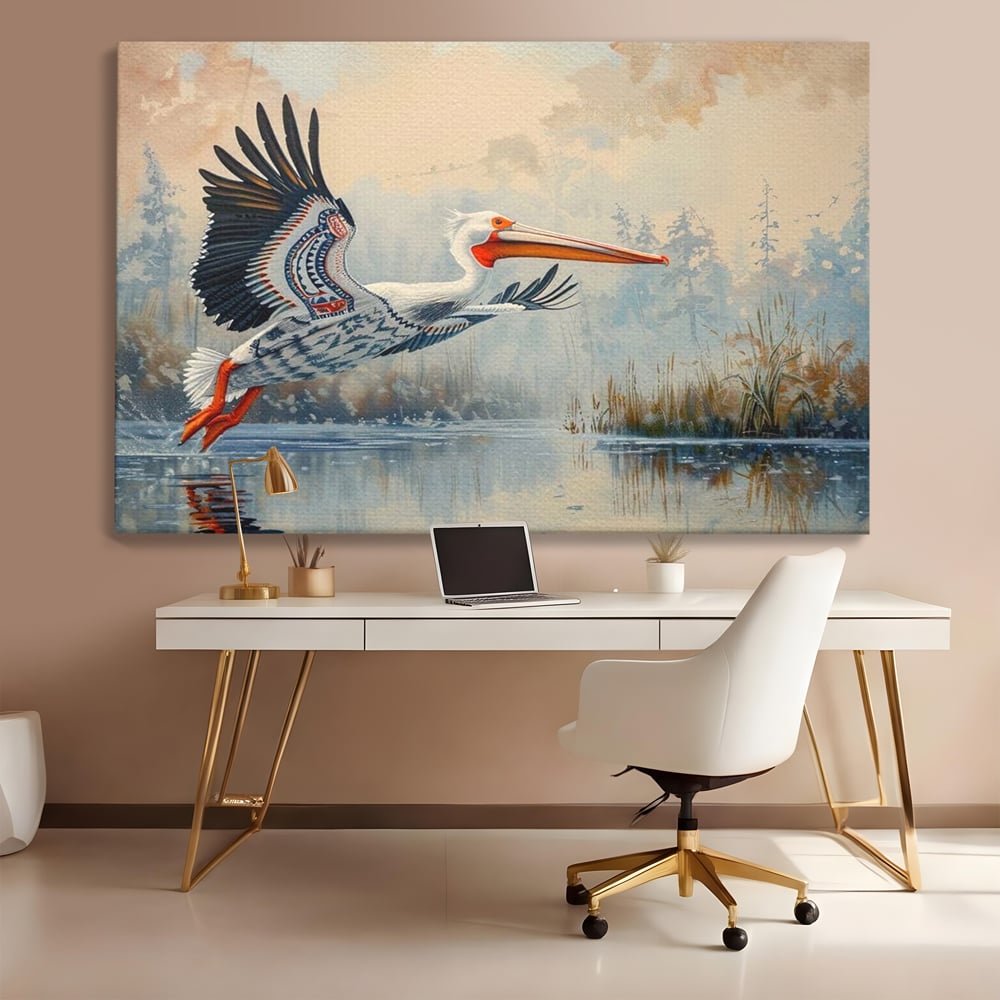 Tablou Canvas Premium, LuxCanva® M1020, Aripi Pierdute in Ceata, Pelican, Natura, Apa, Mlastina, Ceata, Aripi, Penaj, Pasare, Tribal, Birou, Living, Camera Copii