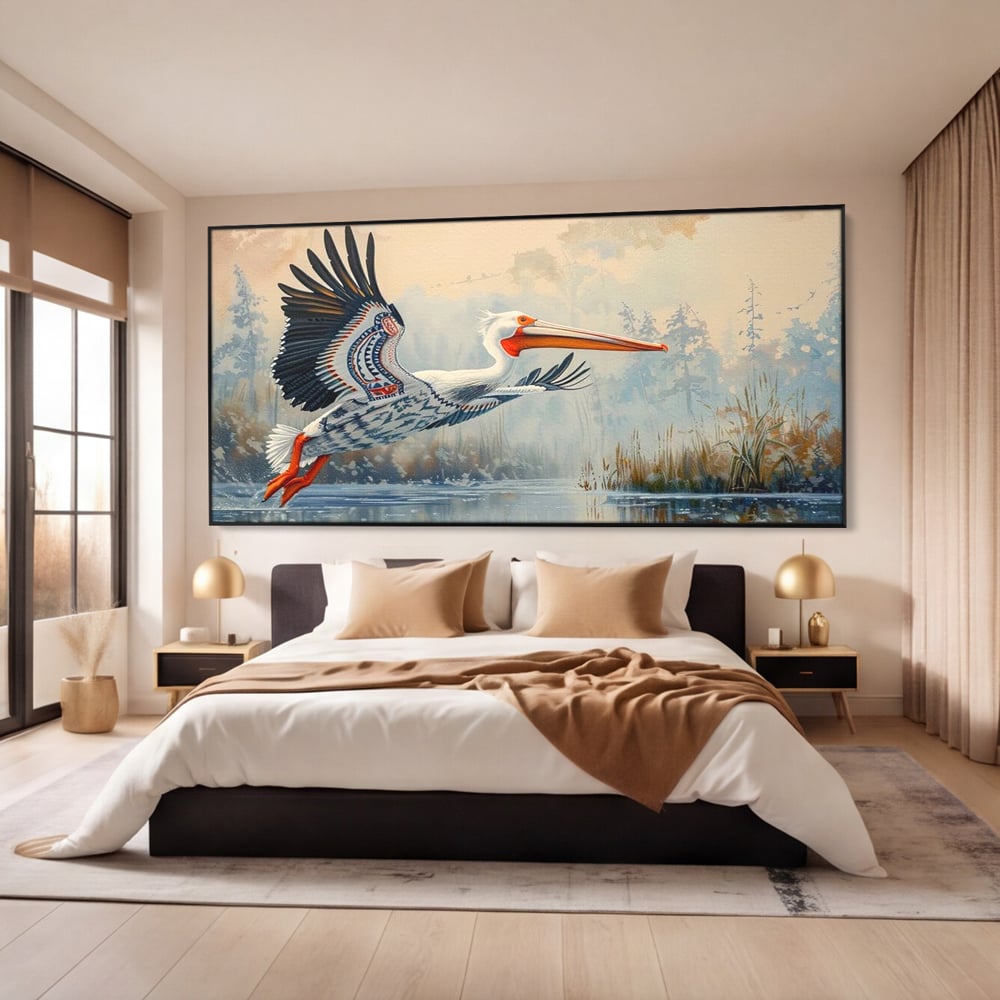Tablou Canvas Premium, LuxCanva® M1020, Aripi Pierdute in Ceata, Pelican, Natura, Apa, Mlastina, Ceata, Aripi, Penaj, Pasare, Tribal, Birou, Living, Camera Copii