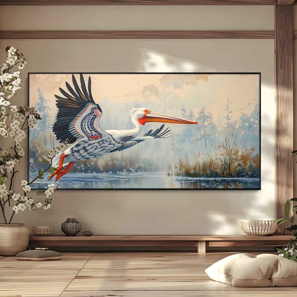 Tablou Canvas Premium, LuxCanva® M1020, Aripi Pierdute in Ceata, Pelican, Natura, Apa, Mlastina, Ceata, Aripi, Penaj, Pasare, Tribal, Birou, Living, Camera Copii
