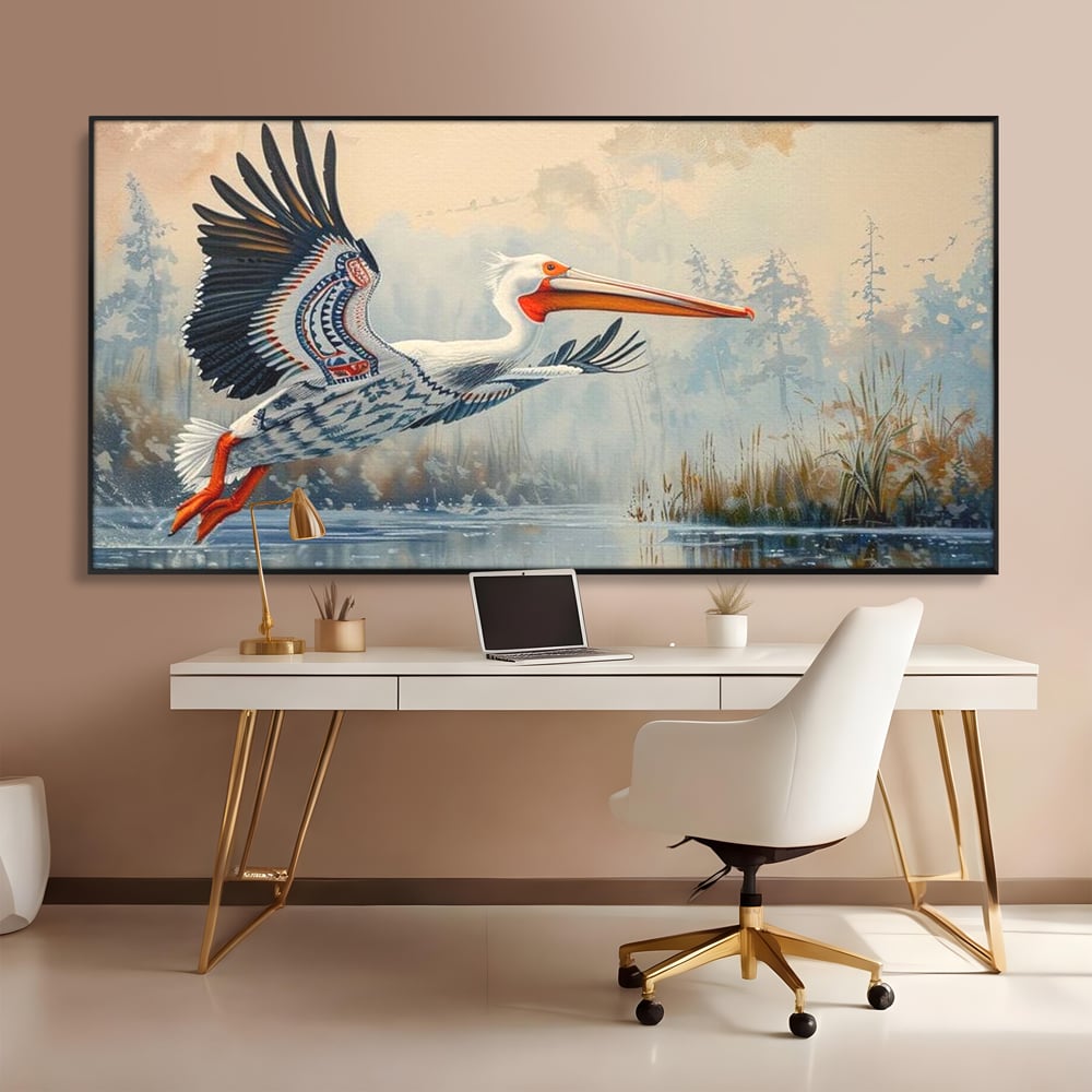 Tablou Canvas Premium, LuxCanva® M1020, Aripi Pierdute in Ceata, Pelican, Natura, Apa, Mlastina, Ceata, Aripi, Penaj, Pasare, Tribal, Birou, Living, Camera Copii