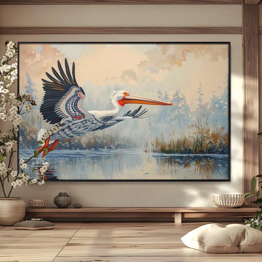 Tablou Canvas Premium, LuxCanva® M1020, Aripi Pierdute in Ceata, Pelican, Natura, Apa, Mlastina, Ceata, Aripi, Penaj, Pasare, Tribal, Birou, Living, Camera Copii