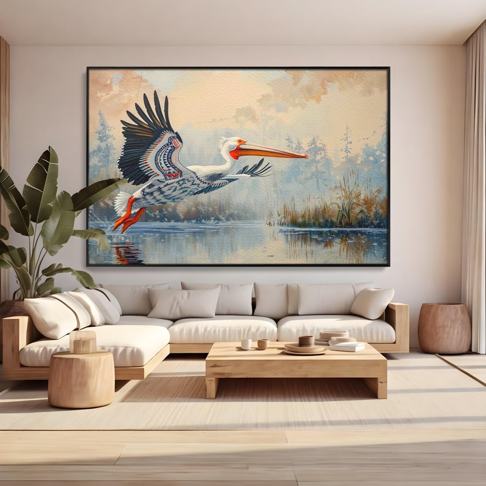 Tablou Canvas Premium, LuxCanva® M1020, Aripi Pierdute in Ceata, Pelican, Natura, Apa, Mlastina, Ceata, Aripi, Penaj, Pasare, Tribal, Birou, Living, Camera Copii