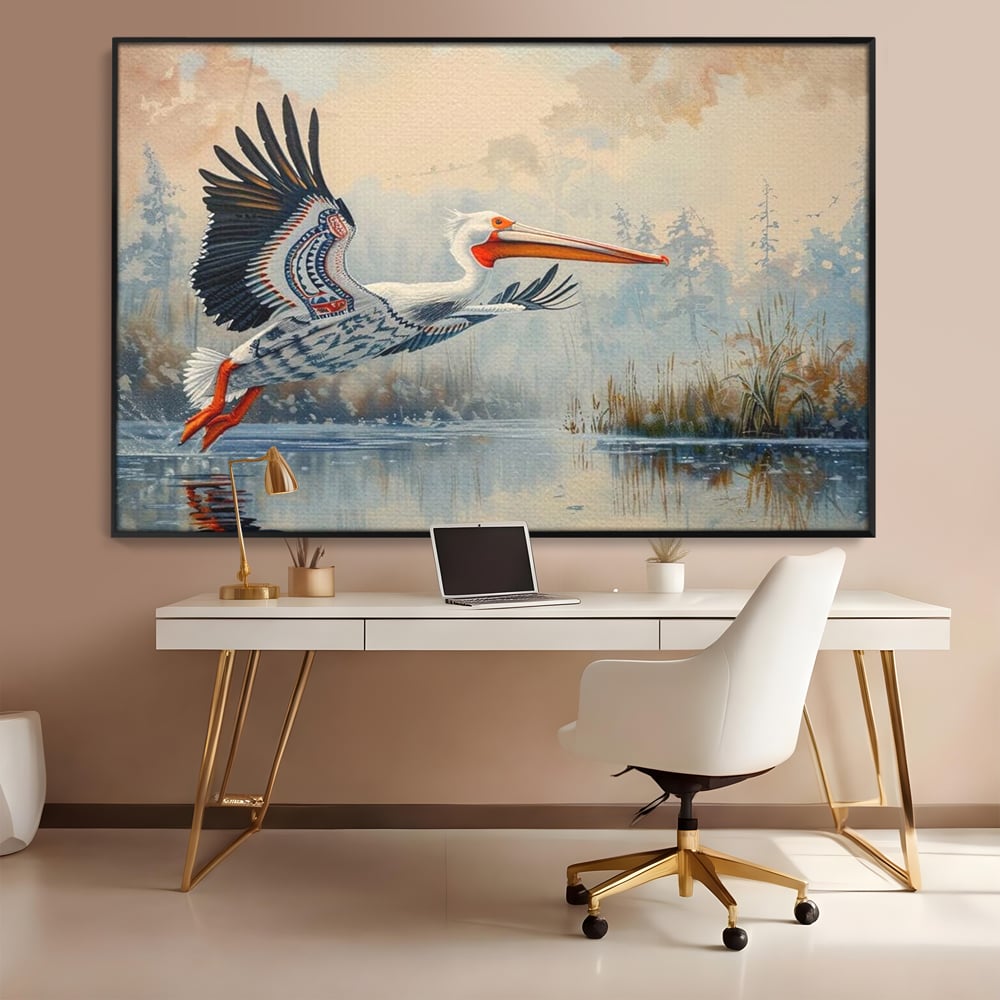 Tablou Canvas Premium, LuxCanva® M1020, Aripi Pierdute in Ceata, Pelican, Natura, Apa, Mlastina, Ceata, Aripi, Penaj, Pasare, Tribal, Birou, Living, Camera Copii