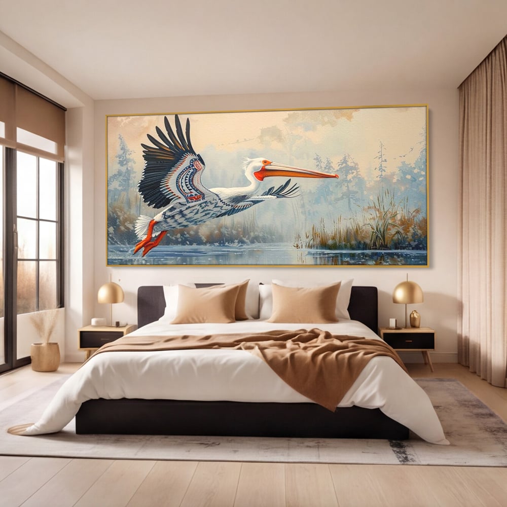 Tablou Canvas Premium, LuxCanva® M1020, Aripi Pierdute in Ceata, Pelican, Natura, Apa, Mlastina, Ceata, Aripi, Penaj, Pasare, Tribal, Birou, Living, Camera Copii