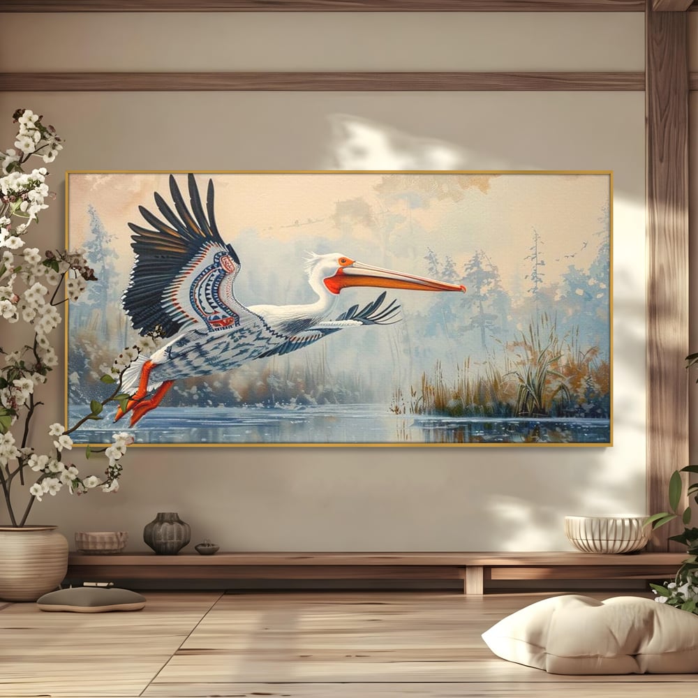 Tablou Canvas Premium, LuxCanva® M1020, Aripi Pierdute in Ceata, Pelican, Natura, Apa, Mlastina, Ceata, Aripi, Penaj, Pasare, Tribal, Birou, Living, Camera Copii