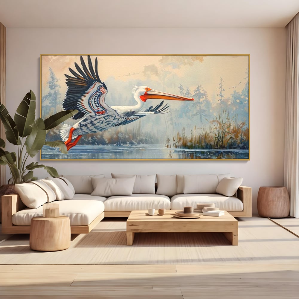 Tablou Canvas Premium, LuxCanva® M1020, Aripi Pierdute in Ceata, Pelican, Natura, Apa, Mlastina, Ceata, Aripi, Penaj, Pasare, Tribal, Birou, Living, Camera Copii