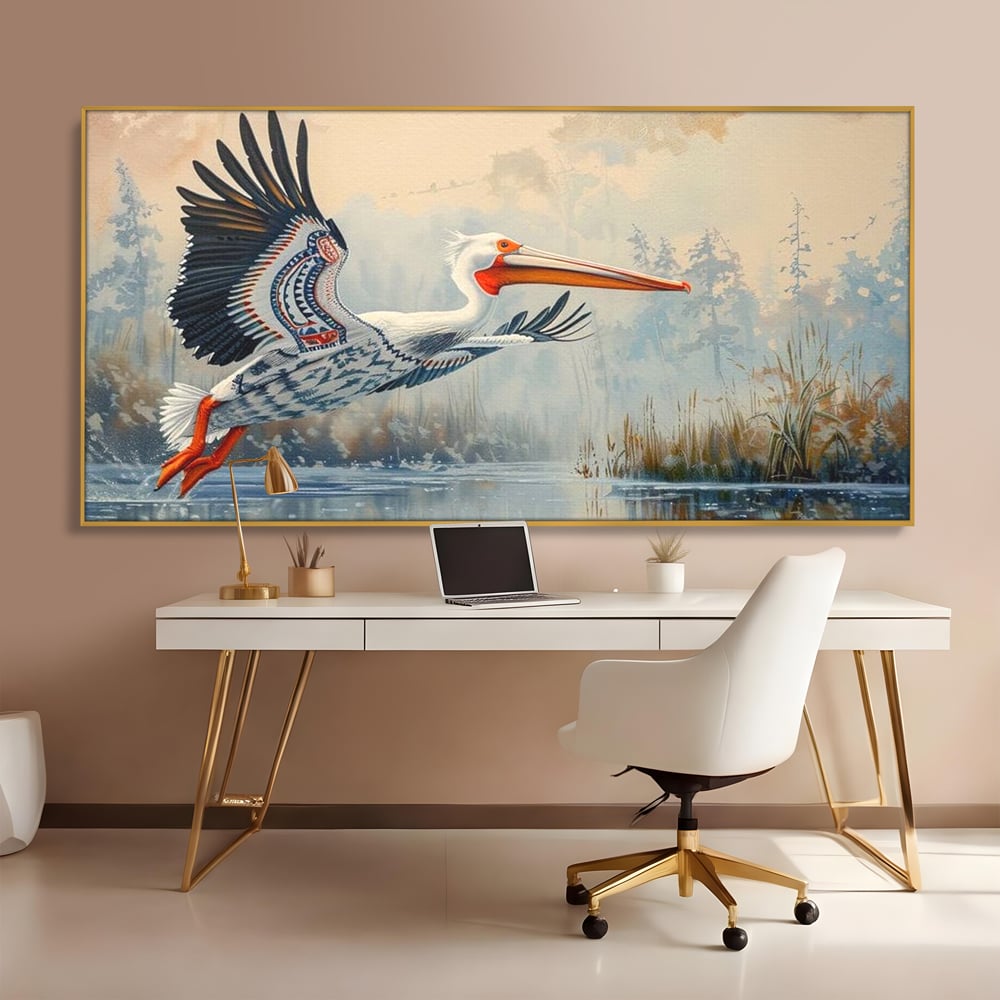 Tablou Canvas Premium, LuxCanva® M1020, Aripi Pierdute in Ceata, Pelican, Natura, Apa, Mlastina, Ceata, Aripi, Penaj, Pasare, Tribal, Birou, Living, Camera Copii