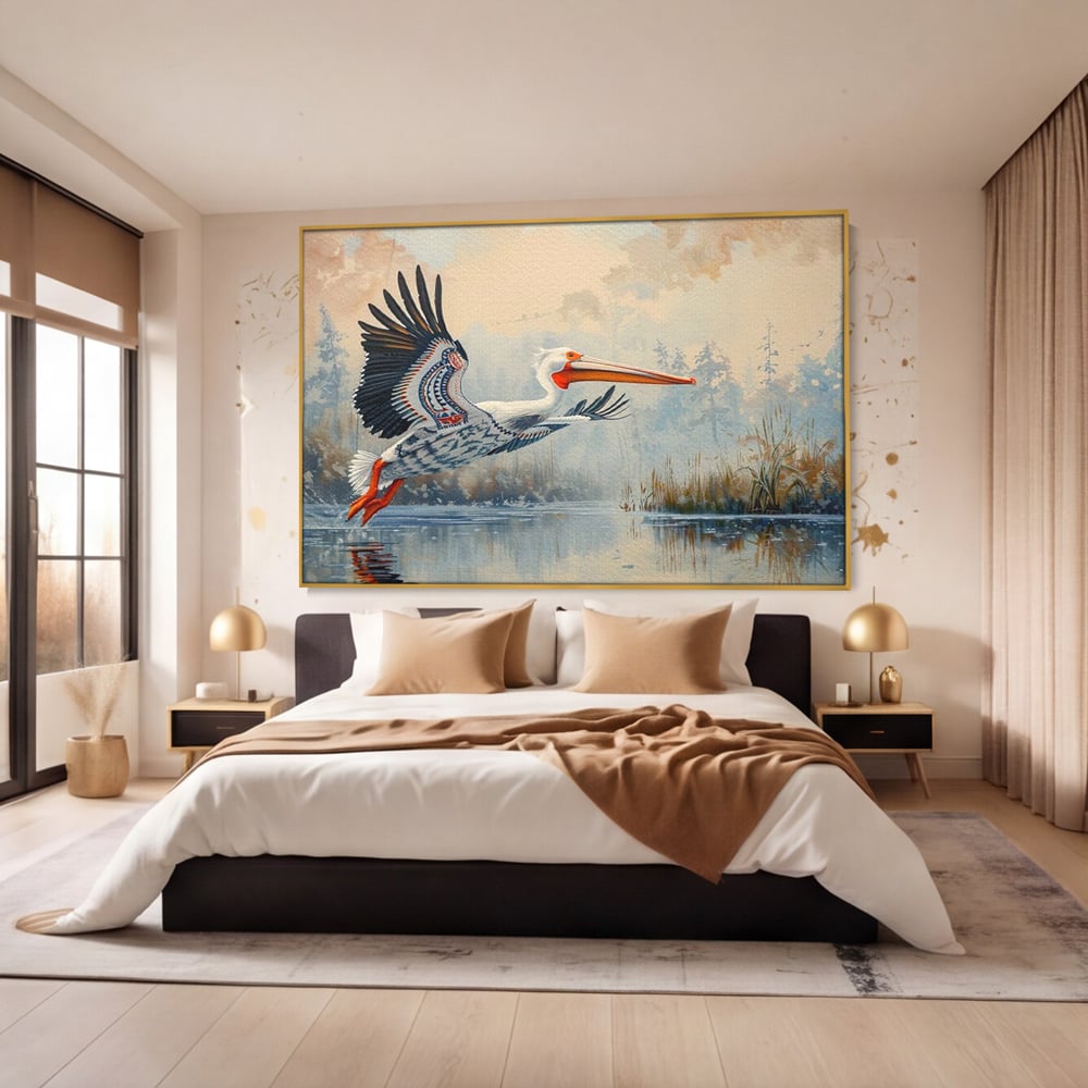 Tablou Canvas Premium, LuxCanva® M1020, Aripi Pierdute in Ceata, Pelican, Natura, Apa, Mlastina, Ceata, Aripi, Penaj, Pasare, Tribal, Birou, Living, Camera Copii