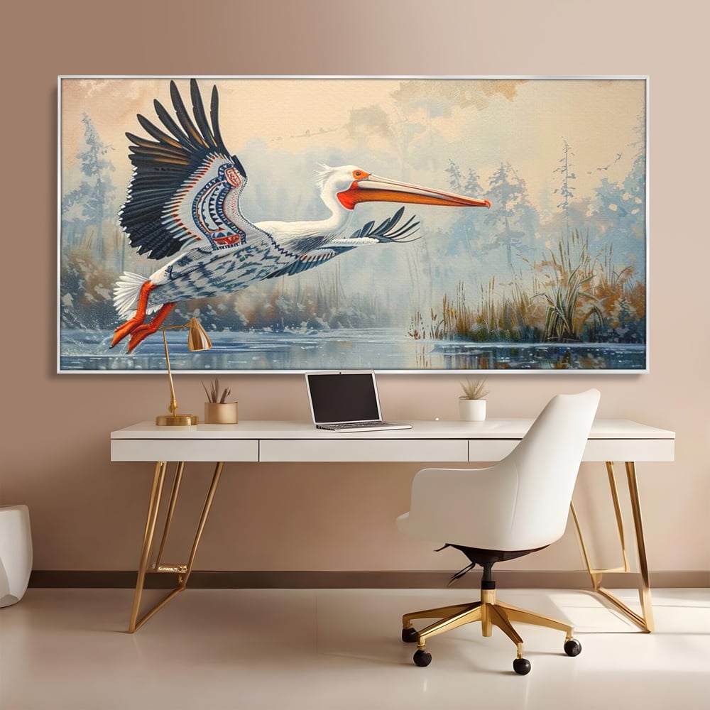 Tablou Canvas Premium, LuxCanva® M1020, Aripi Pierdute in Ceata, Pelican, Natura, Apa, Mlastina, Ceata, Aripi, Penaj, Pasare, Tribal, Birou, Living, Camera Copii